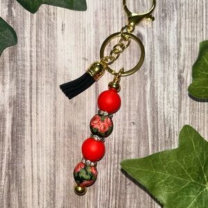 Vibrant Red and Gold Key & Card Holder with Intricate Beads
